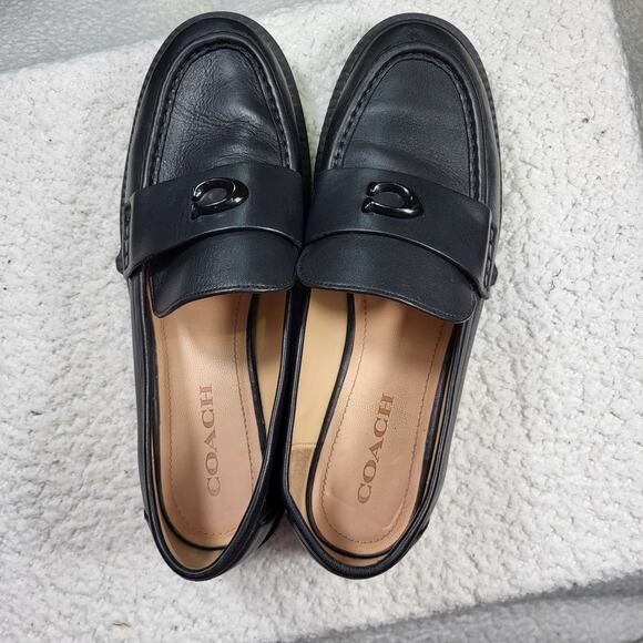 COACH black leather Leah loafers  lug sole and a C logo accent womens size 10 - Picture 2 of 7